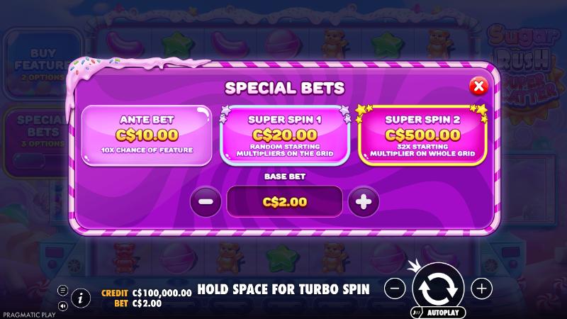Special Bets panel of Sugar Rush Super Scatter with Ante Bet, Super Spin 1 and Super Spin 2